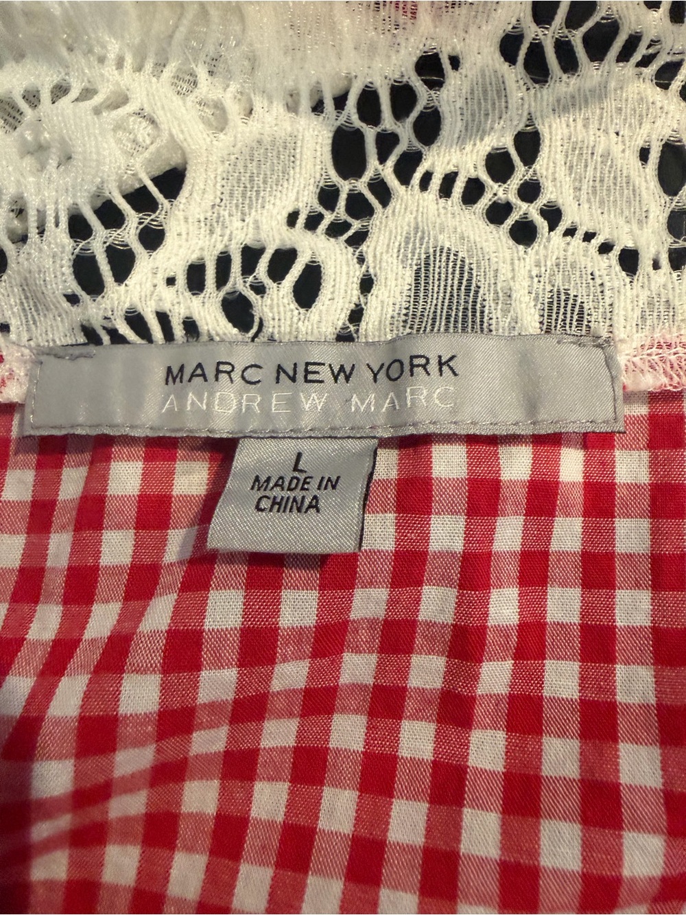Marc New York Red White Gingham Check Lace Yoke Bell Sleeve Blouse Top L - Picture 6 of 11